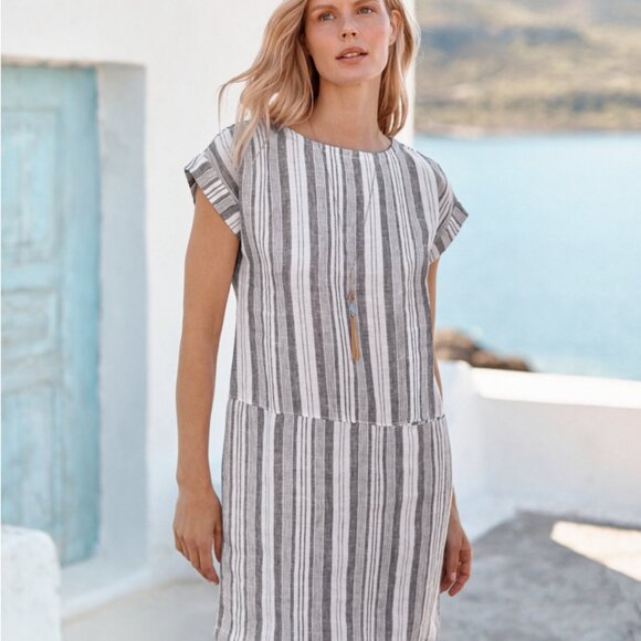 NWT Garnet Hill Meraki Linen Color Block Shift Dress Pocket White Grey - Picture 12 of 14